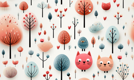 Seamless pattern with cute foxes and trees. Vector illustration.の素材
