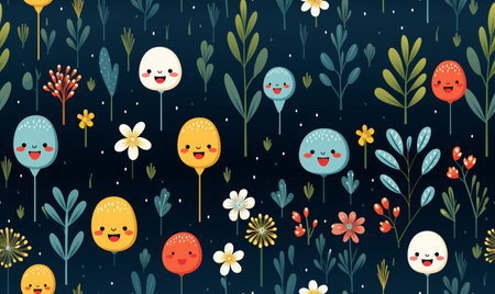 Seamless pattern with cute cartoon monsters and flowers. Vector illustration.の素材