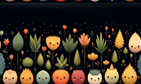 Seamless pattern with cute cartoon monsters and flowers. Vector illustration.の素材