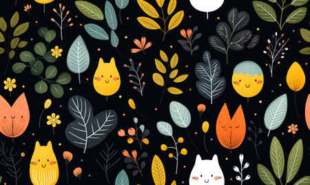 Seamless pattern with cute foxes, flowers and leaves. Vector illustration.の素材