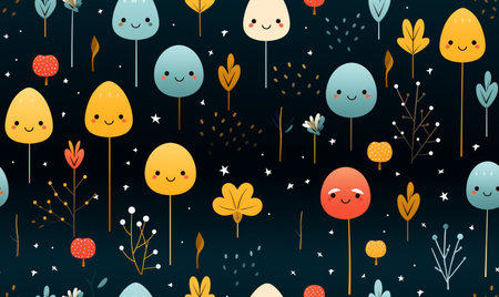 Seamless pattern with cute cartoon trees and flowers. Vector illustration.の素材