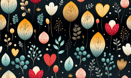 Seamless pattern with flowers, leaves and branches. Hand drawn vector illustration.の素材
