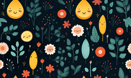 Seamless pattern with cute cartoon flowers and leaves. Vector illustrationの素材