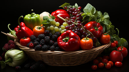 Fresh fruits and vegetables in a basket on a black background. Healthy food.の素材