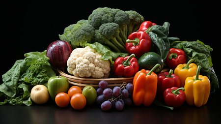 Composition with variety of raw organic vegetables on black background. Balanced diet.の素材