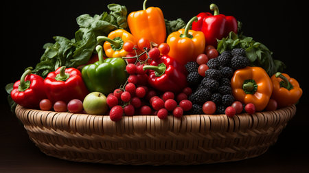 Fresh fruits and vegetables in a wicker basket on a dark backgroundの素材
