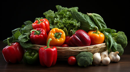 Vegetables in a basket on a wooden table. Dark background.の素材