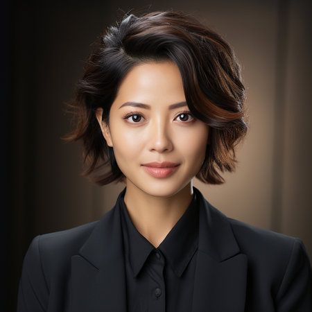 Portrait of a beautiful asian businesswoman in black suit.の素材