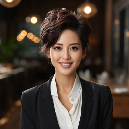 Portrait of beautiful asian businesswoman smiling at camera in cafeの素材