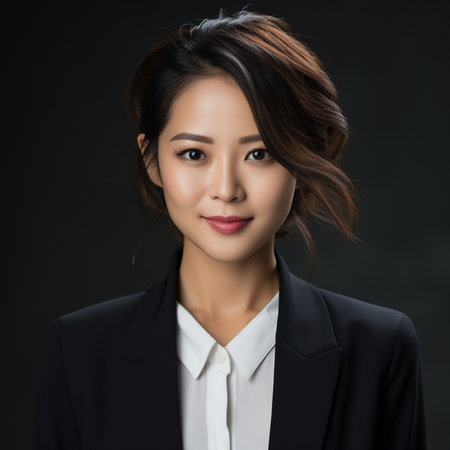 Portrait of beautiful asian businesswoman in black suit on black backgroundの素材
