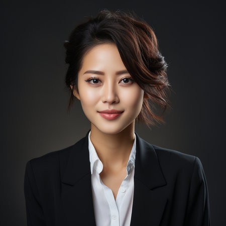 Portrait of young asian businesswoman in black suit on dark backgroundの素材