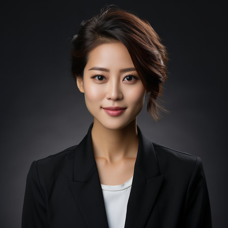 Portrait of beautiful asian woman in business suit on dark backgroundの素材