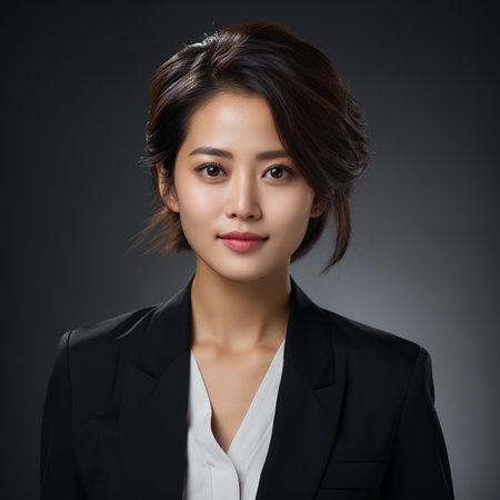 Portrait of asian businesswoman in black suit on dark backgroundの素材