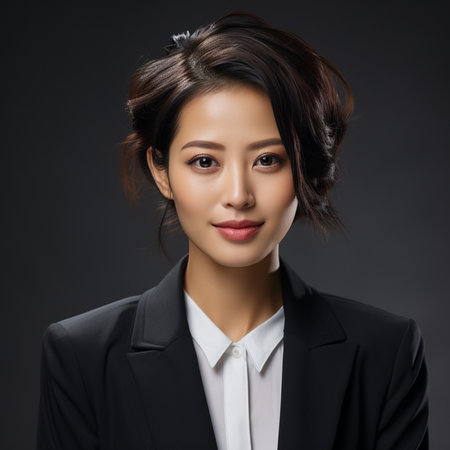 Portrait of beautiful asian business woman in black suit on dark backgroundの素材