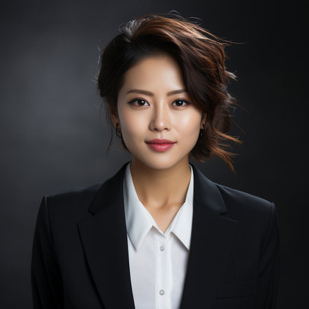 Portrait of asian businesswoman in black suit on dark backgroundの素材