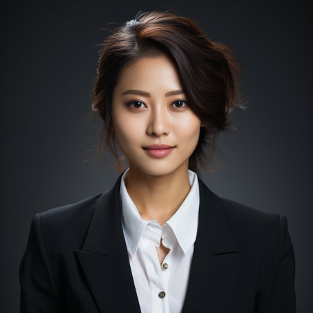 Portrait of young asian businesswoman, isolated on black backgroundの素材