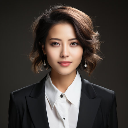 portrait of young asian business woman in black suit on dark backgroundの素材