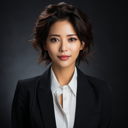 Portrait of young asian businesswoman in black suit on dark backgroundの素材