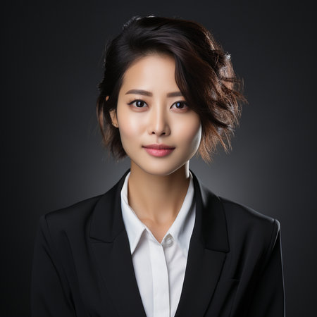 Portrait of young asian businesswoman in black suit, isolated on black backgroundの素材