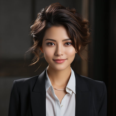 Portrait of young beautiful asian business woman in black suit.の素材