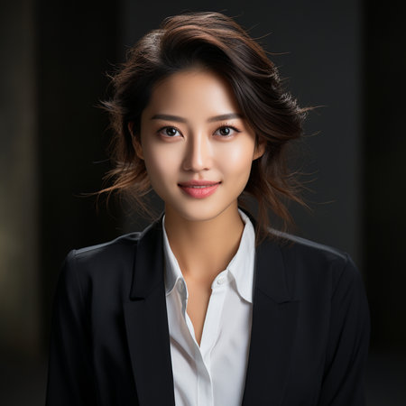 Beautiful asian businesswoman in black suit, closeup portraitの素材