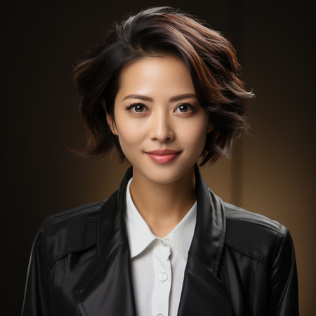 Portrait of young beautiful asian businesswoman in black leather jacketの素材