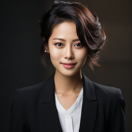 portrait of beautiful asian businesswoman in black suit over dark backgroundの素材