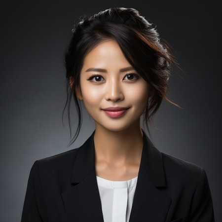 Portrait of a beautiful asian businesswoman in black suit.の素材