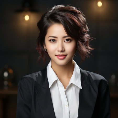portrait of young asian businesswoman in black suit at officeの素材