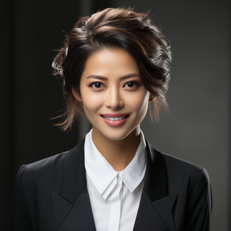 Portrait of beautiful smiling asian businesswoman in black suit.の素材