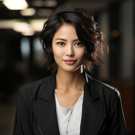 Beautiful asian businesswoman, closeup portrait on dark backgroundの素材
