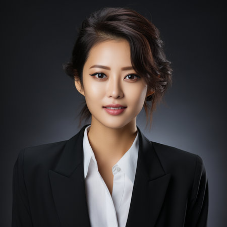 business, people and beauty concept - beautiful young asian woman in suitの素材