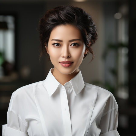 Portrait of beautiful asian businesswoman in black suit, isolated on dark backgroundの素材