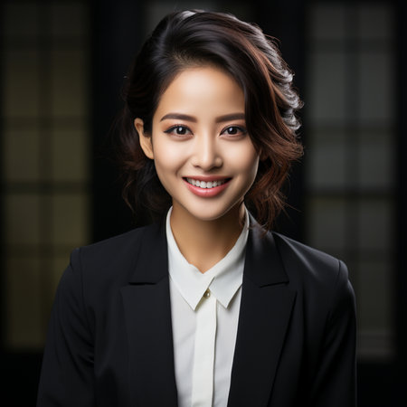 portrait of smiling asian businesswoman in black suit looking at cameraの素材