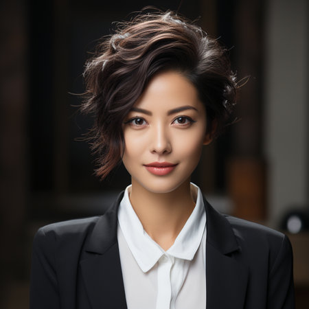 Portrait of beautiful asian woman in white shirt on dark backgroundの素材