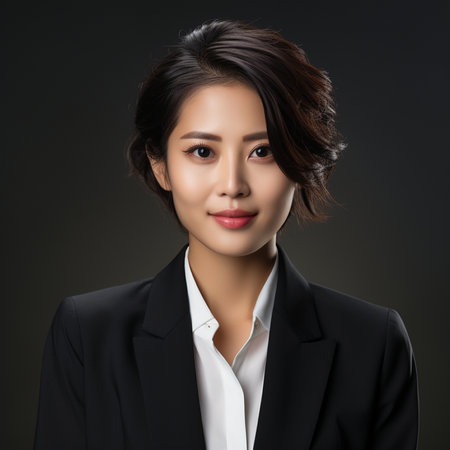 Portrait of young asian businesswoman in black suit on dark backgroundの素材
