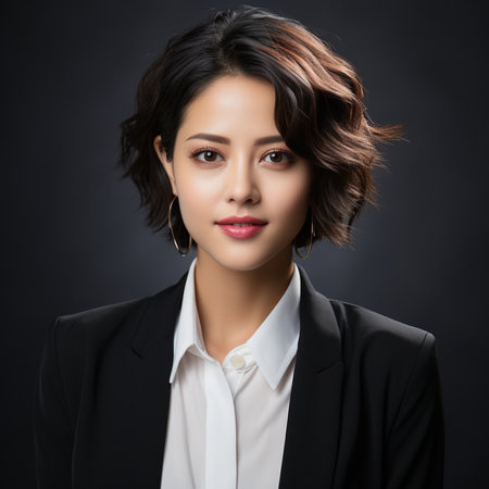 Portrait of beautiful young asian business woman with flying hair.の素材