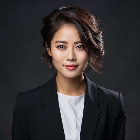 Portrait of beautiful asian businesswoman in black suit on dark backgroundの素材