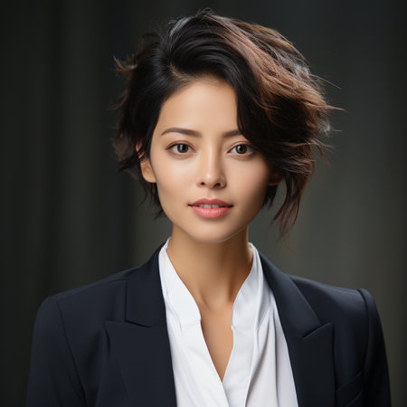 Portrait of a young asian businesswoman, isolated on black backgroundの素材