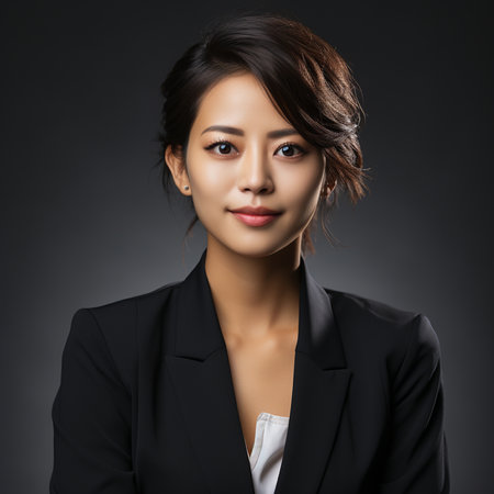 Portrait of young asian businesswoman in black suit on dark backgroundの素材