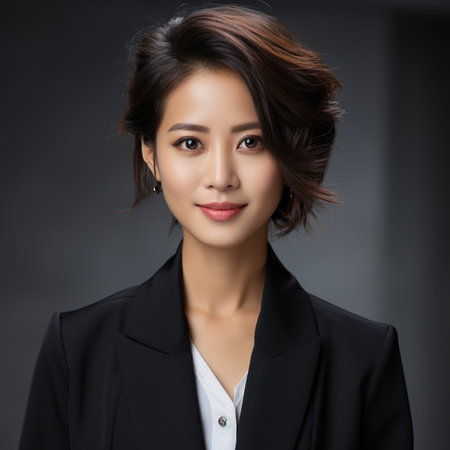 Portrait of young asian businesswoman in black suit on grey backgroundの素材