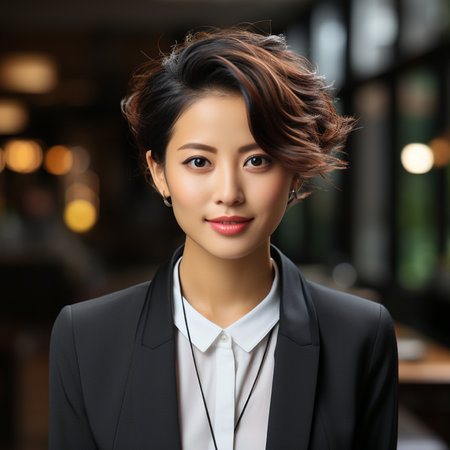 Portrait of young asian businesswoman, on dark background.の素材