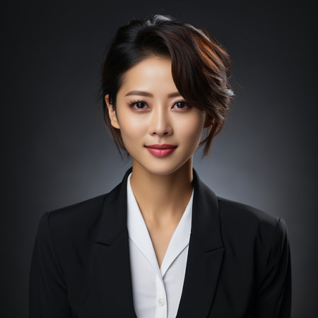 Portrait of smiling businesswoman standing with arms crossed in coffee shopの素材
