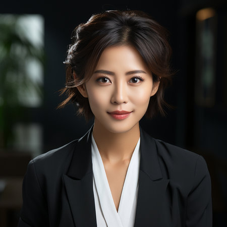 portrait of a beautiful asian woman in a white suit in a cafeの素材