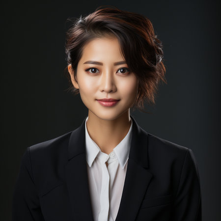 Portrait of happy smiling young asian businesswoman in black suitの素材
