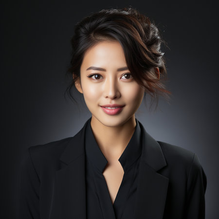 Portrait of beautiful asian woman in black suit on dark backgroundの素材