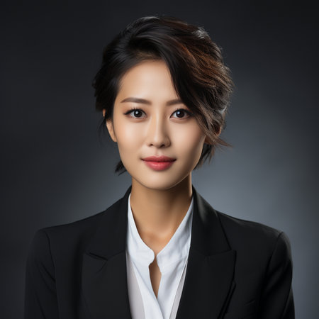 Portrait of asian businesswoman in black suit on dark backgroundの素材