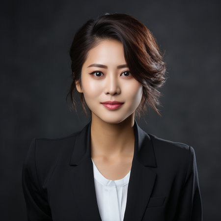 Portrait of young asian businesswoman on dark background, asian beautyの素材