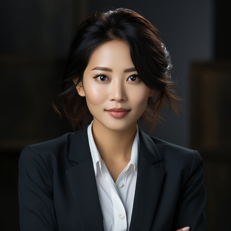 Portrait of beautiful asian businesswoman in black suit looking at cameraの素材