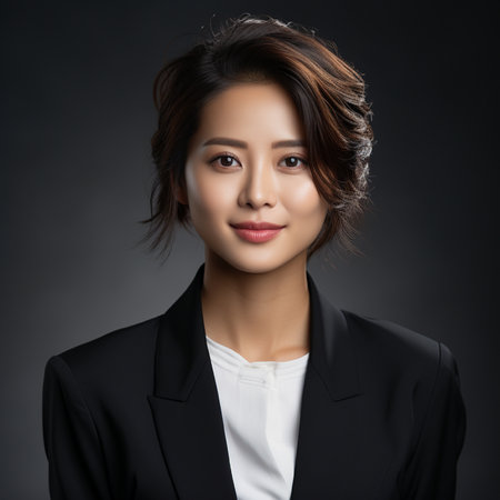 Beautiful asian businesswoman in black suit, closeup portraitの素材